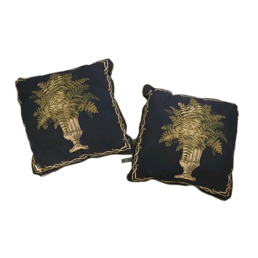 2 Vtg Borgata Tapestry‎ Rope Urn Fern Throw Pillows Black Green Tan 17 x 18 90s
